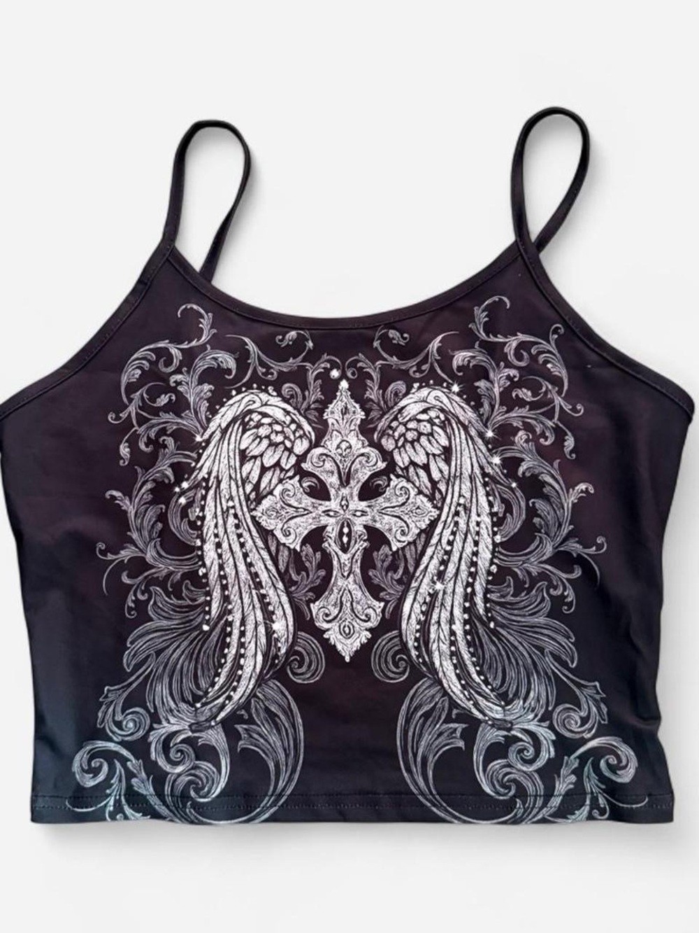 Black Angel Wing Cross Graphic Crop Cami Medium